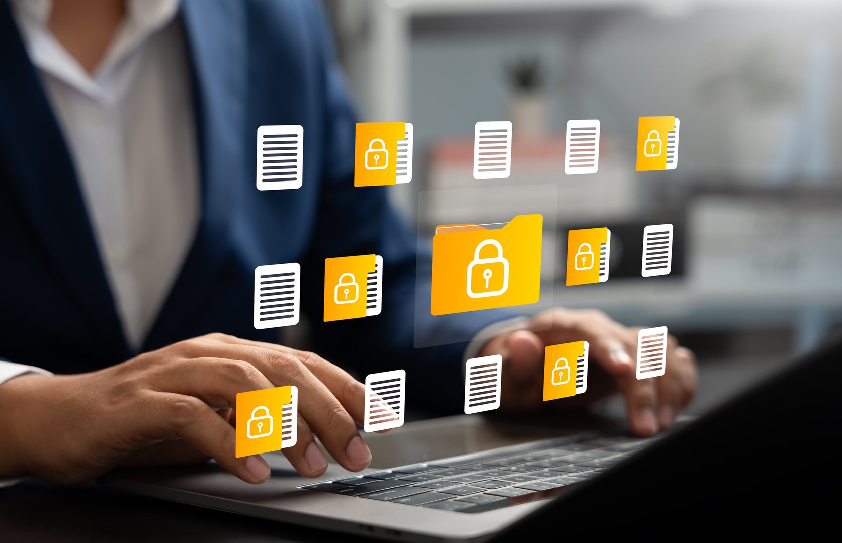 Businessman using laptop to access secure digital folder