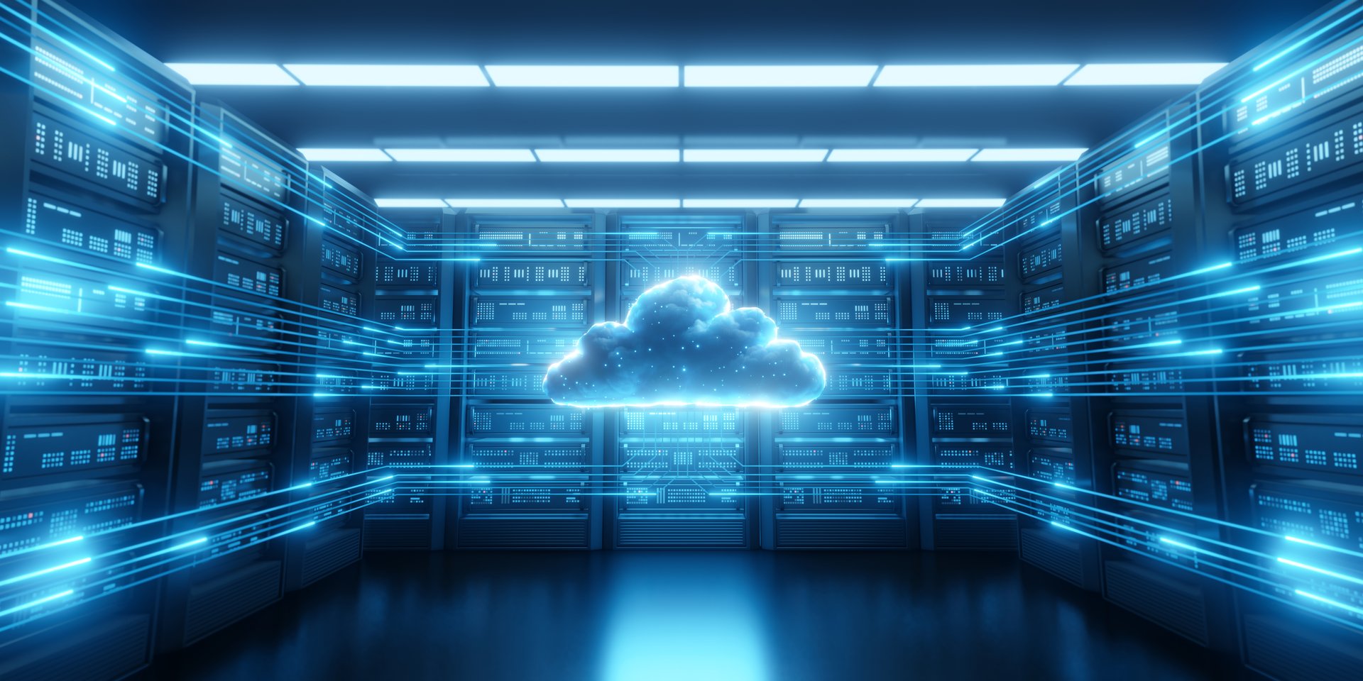 Glowing cloud symbol data center server room, blue digital lines connecting racks. Represents cloud computing, network technology, data storage, global connection, AI, security, innovation